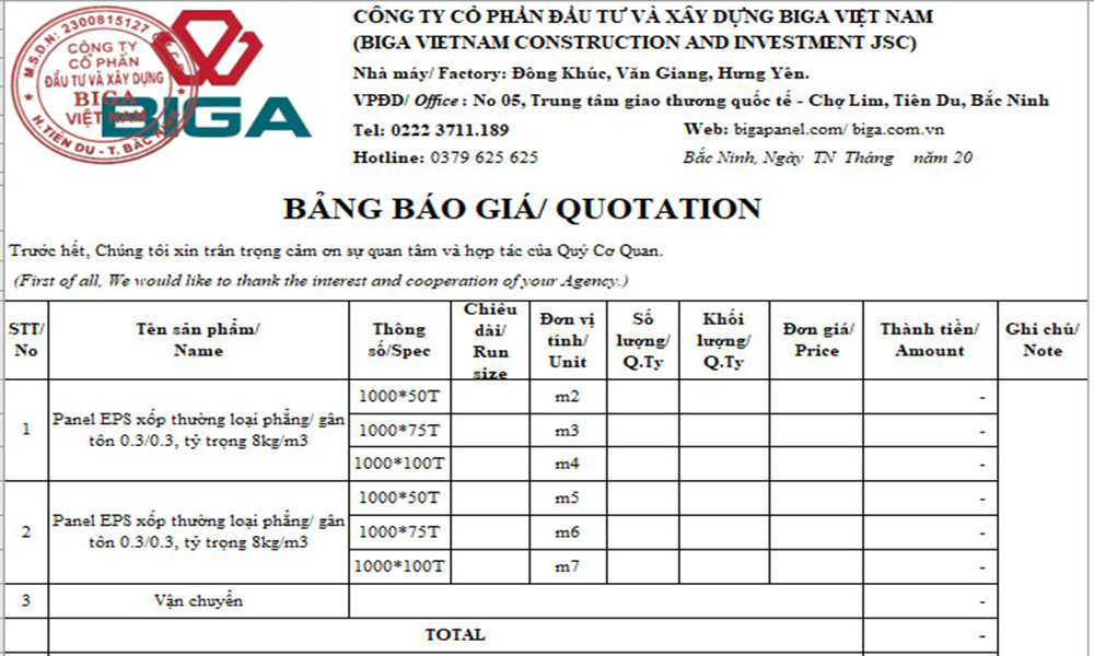 Báo giá chi tiết đơn hàng BIGA Panel